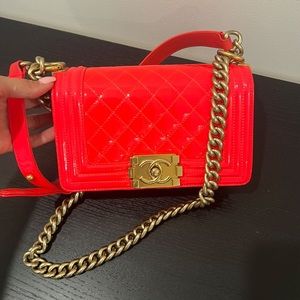 CHANEL NEON PINK PATENT SMALL BOY FLAP BAG